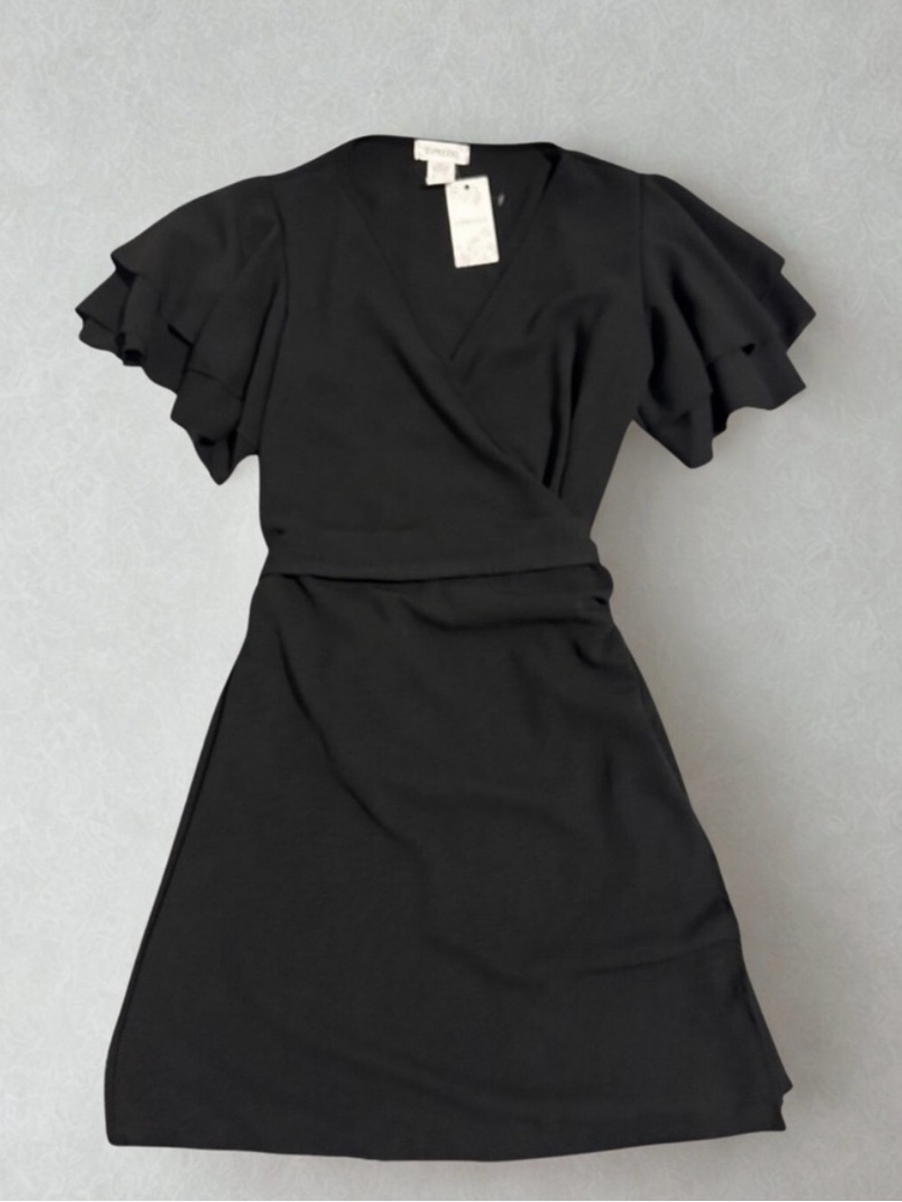 Wrap dress with layer flutter sleeves by ESPRESSO black- NWT